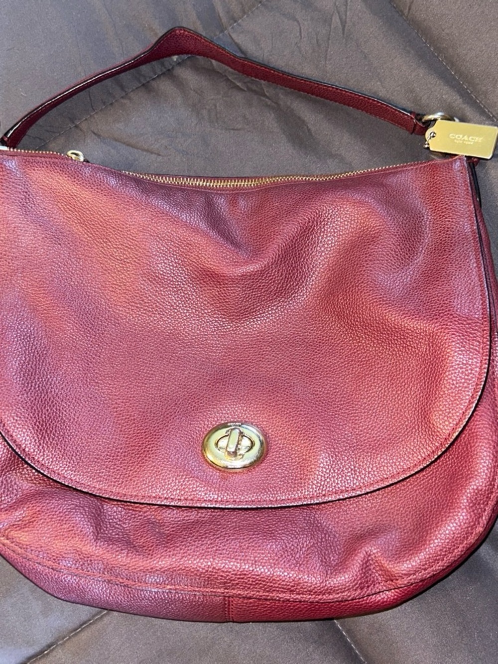 Coach Pebbled Leather Shoulder Hobo in Burgundy with Gold Hardware